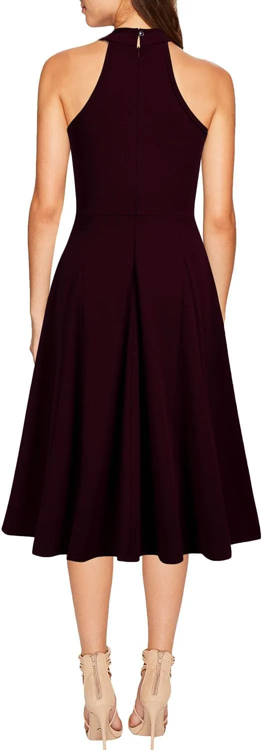 WOOSEA Womens Sleeveless Halter Neck Bodycon A-Line Cocktail Party Pockets Swing Dresses