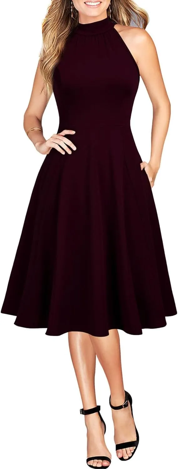 WOOSEA Womens Sleeveless Halter Neck Bodycon A-Line Cocktail Party Pockets Swing Dresses