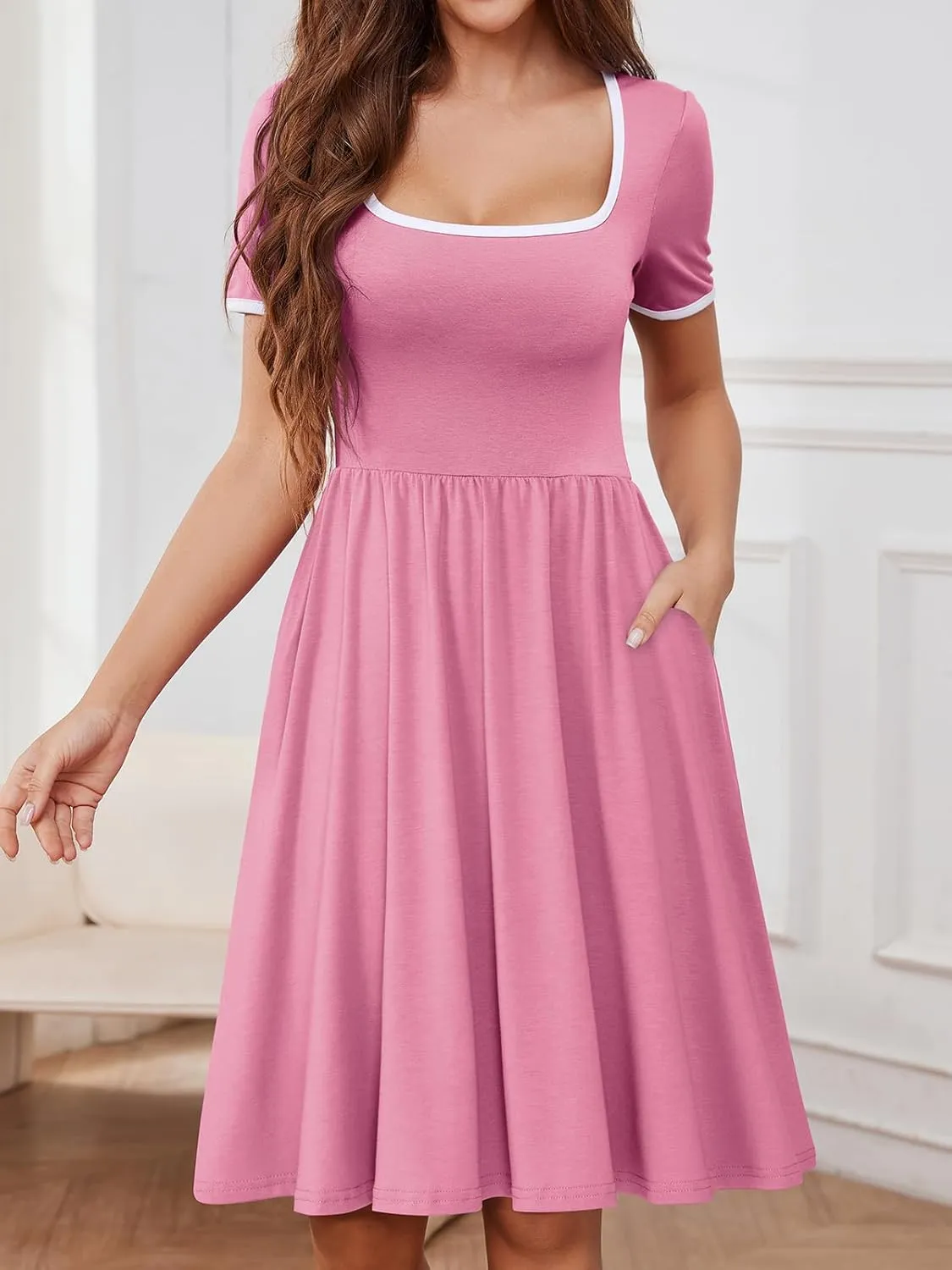 YATHON Cute Summer Dresses for Women Flowy Casual Short Sleeve Color Block A Line Fit and Flare Sundress with Pockets