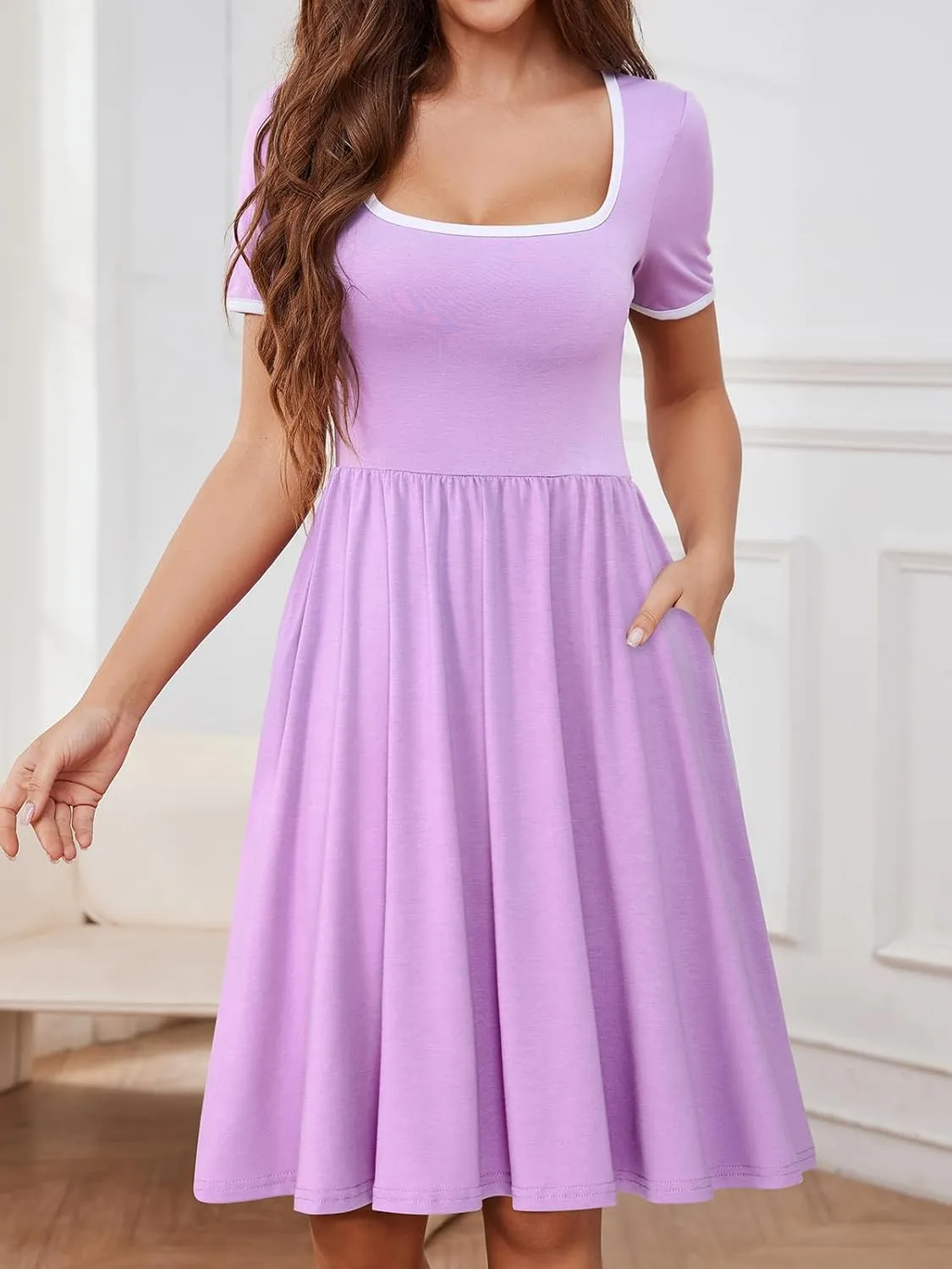 YATHON Cute Summer Dresses for Women Flowy Casual Short Sleeve Color Block A Line Fit and Flare Sundress with Pockets