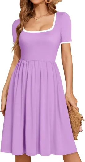 YATHON Cute Summer Dresses for Women Flowy Casual Short Sleeve Color Block A Line Fit and Flare Sundress with Pockets