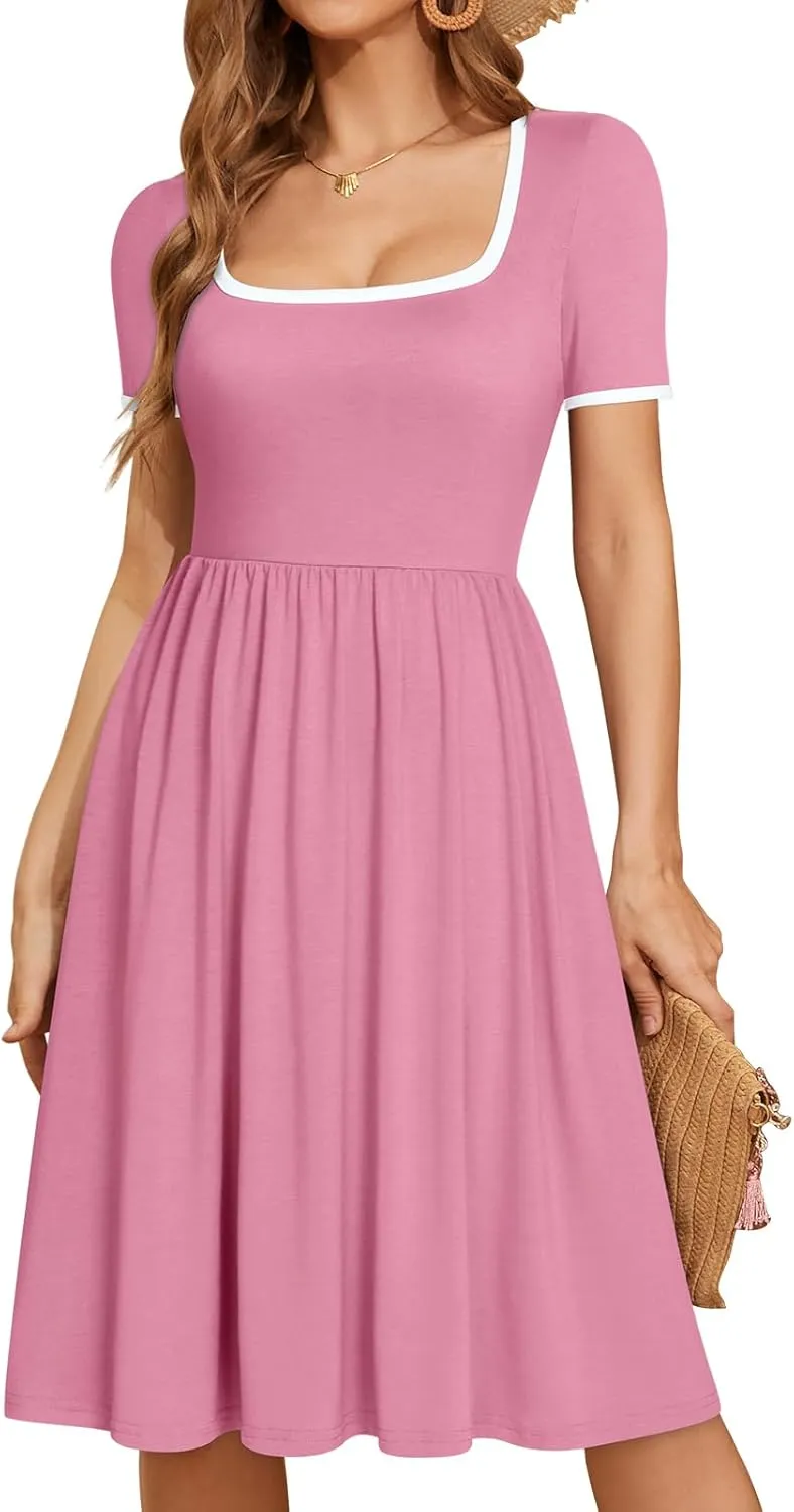 YATHON Cute Summer Dresses for Women Flowy Casual Short Sleeve Color Block A Line Fit and Flare Sundress with Pockets