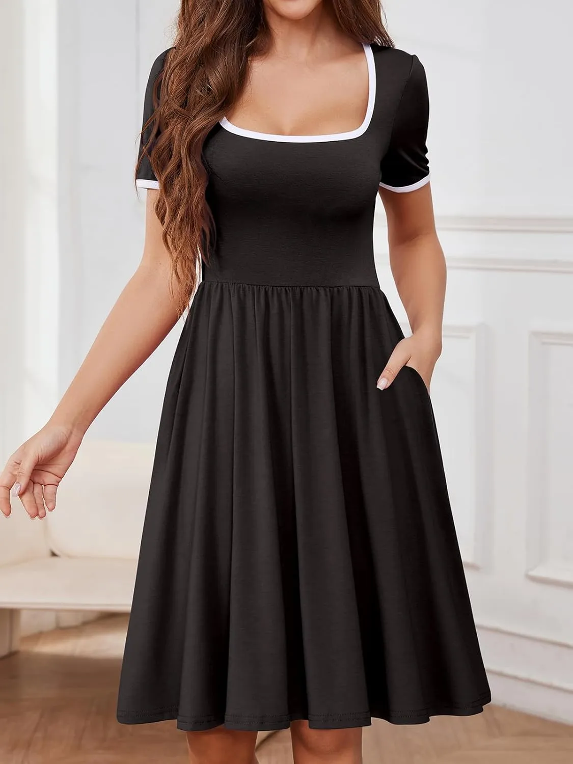 YATHON Cute Summer Dresses for Women Flowy Casual Short Sleeve Color Block A Line Fit and Flare Sundress with Pockets