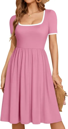 YATHON Cute Summer Dresses for Women Flowy Casual Short Sleeve Color Block A Line Fit and Flare Sundress with Pockets