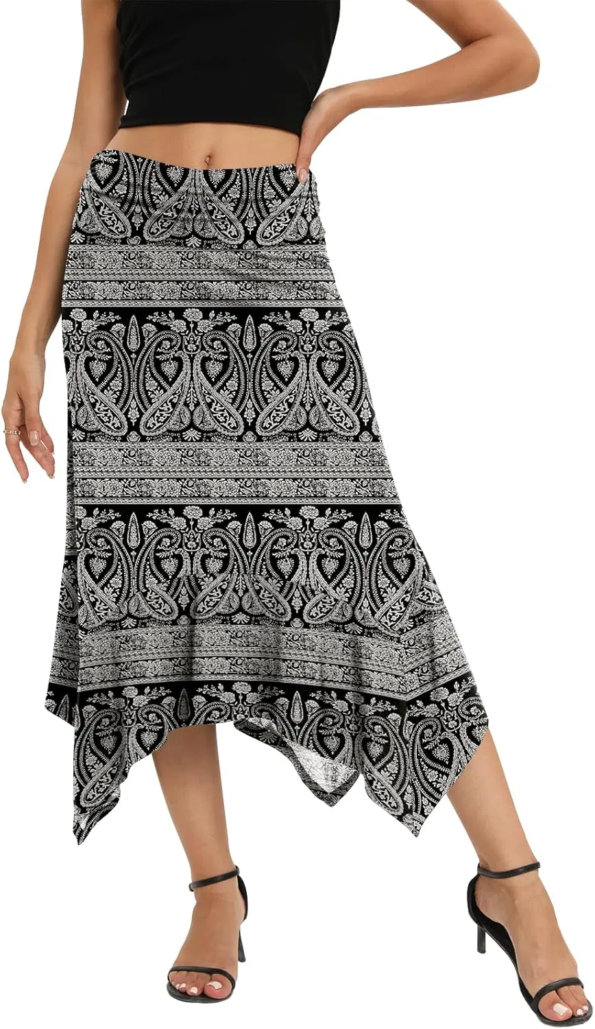 Yincro Women's Summer Flowy Midi Skirt with Handkerchief Hemline
