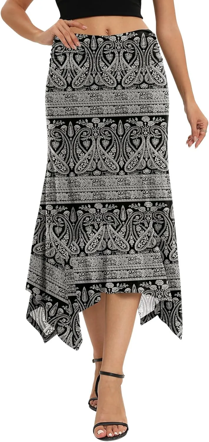 Yincro Women's Summer Flowy Midi Skirt with Handkerchief Hemline